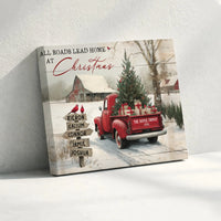 Farmhouse Red Truck Canvas Print, Personalized Family Christmas Canvas, Custom Winter Holiday Canvas Wall Art, Rustic Xmas Home Decor Present
