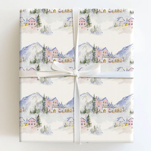 Winter Mountain Village Wrapping Paper, Pink Ski Lodge Wrapping Paper, Watercolor Alpine Holiday Gift Wrap, Christmas Wrappin