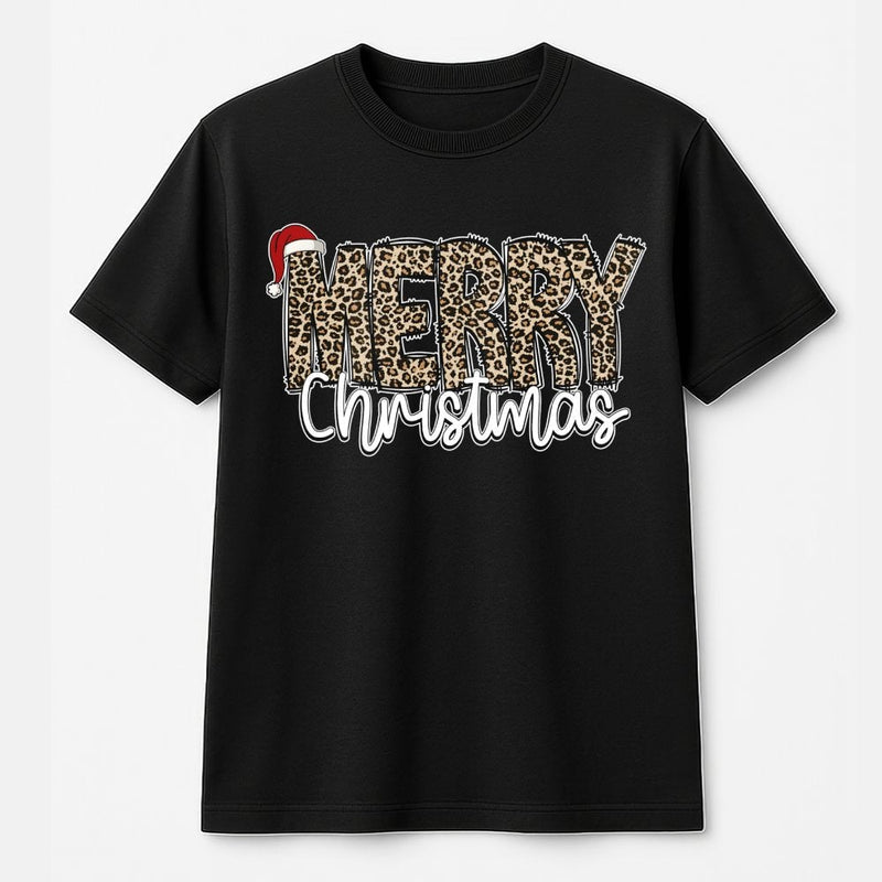 Leopard Print Holiday T-Shirt, Merry Christmas T-Shirt, Festive Xmas Graphic T-Shirt, Adorable Winter Vacation Tee, Seasonal Holiday Present