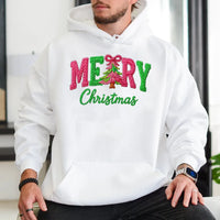 Faux Yarn Knit Pattern Sweatshirt, Merry Christmas Hoodie, Comfy Holiday Season Pullover, Festive Vintage Xmas Graphic Hoodie