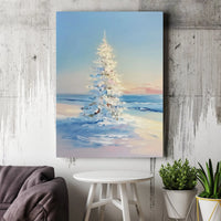 Snowy Beach Christmas Canvas Print, Coastal Christmas Tree Canvas Art, Impressionist Winter Wall Art, Coastal Holiday Beach Canvas Decor