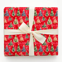 Colorful Star Tree Wrapping Paper, Watercolor Christmas Tree Wrapping Paper, Red Holiday Gift Wrap, Festive Present Wrapping Paper
