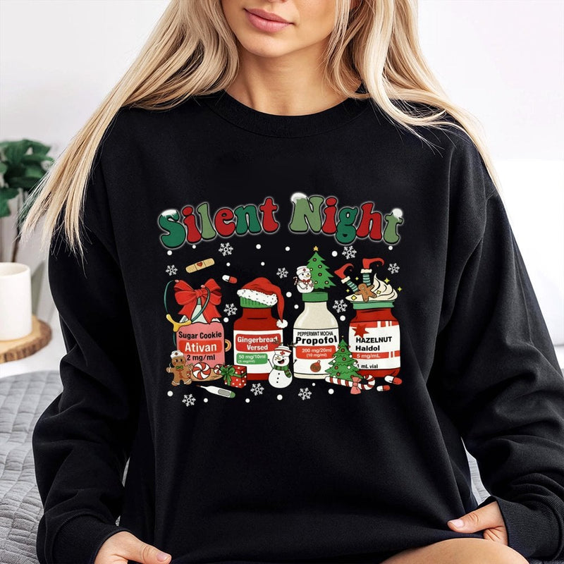 Humorous ICU Nurse Medical Holiday Crewneck, Silent Night Christmas Sweatshirt, RN Hospital Staff Sweater, Healthcare Worker Xmas Present