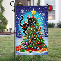 Humorous Holiday Kitten Yard Flag, Black Cat Christmas Tree Garden Flag, Double-Sided Cat Lover Garden Flag, Winter Xmas Lawn Decor