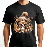 Adorable Winter Scarf Cocoa Graphic Tee, Highland Cow Christmas T-Shirt, Festive Scottish Cow Shirt, Holiday Animal Lover T-Shirt, Xmas Present