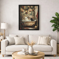 Holiday Bathtub Scene Poster, Ghost and Black Cat Christmas Canvas Wall Art, Spooky Festive Cat Decor, Digital Download