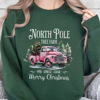 Pink Vintage Truck Christmas Crewneck, North Pole Tree Farm Sweatshirt, Coquette Holiday Tree Sweater, Adorable Winter Xmas Present Her