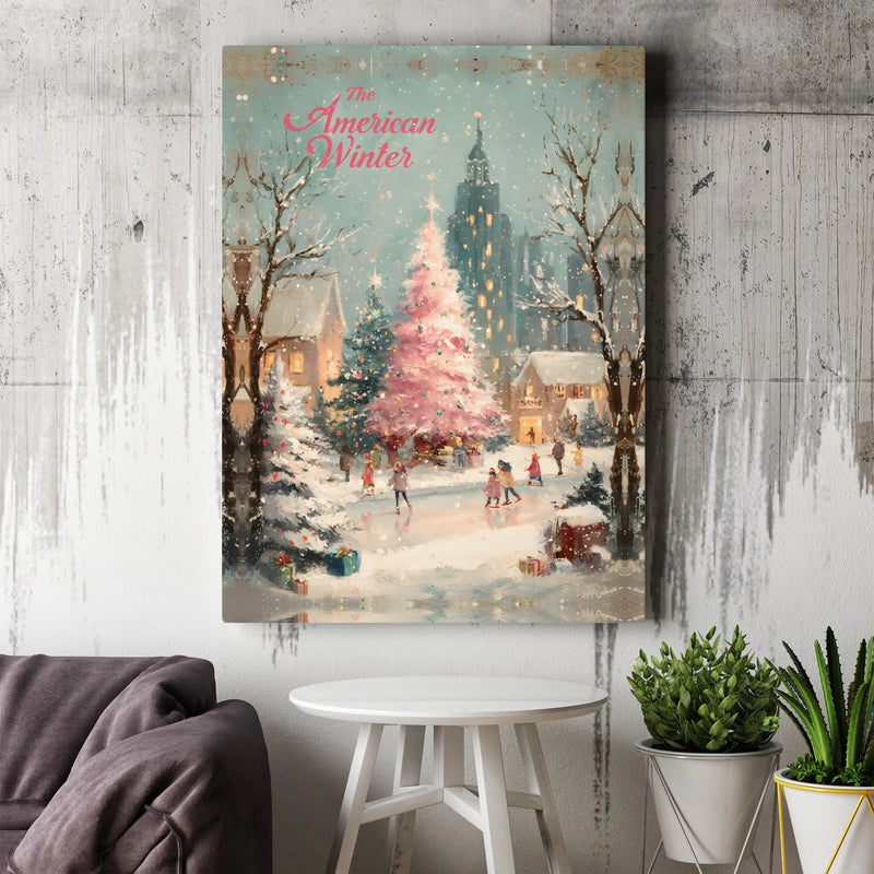 American Winter Canvas Wall Art, Winter Ice Skating Canvas Art, Vintage Christmas Canvas Print, Holiday Wall Decor, Winter Scene Canvas Present
