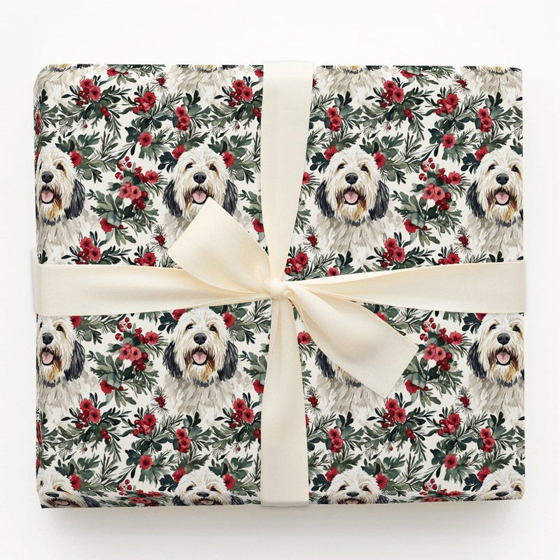 Christmas Dog Gift Wrap, Old English Sheepdog Wrapping Paper, Holiday Floral Wrapping Paper, Dog Lover Present Wrap, Winter Gift Wrap Roll