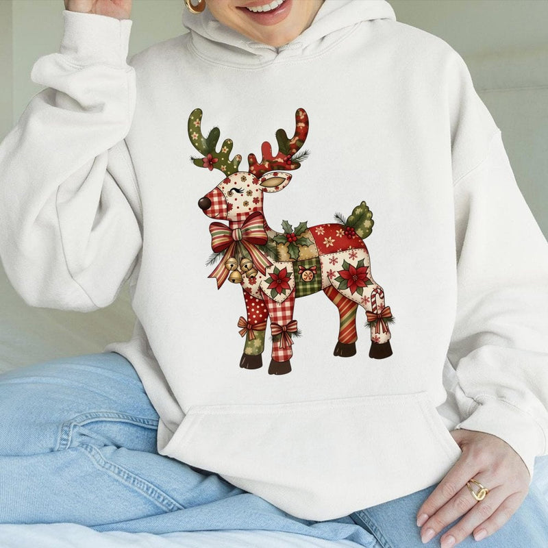 Festive Patchwork Holiday Sweatshirt, Christmas Reindeer Hoodie, Adorable Winter Deer Graphic Hooded Pullover, Comfy Xmas Season Hoodie Present