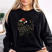 Adorable Santa Hat Kitten Crewneck, Black Cat Christmas Sweatshirt, Cat Holiday Lights Sweater, Humorous Winter Cat Lover Pullover, Xmas Present