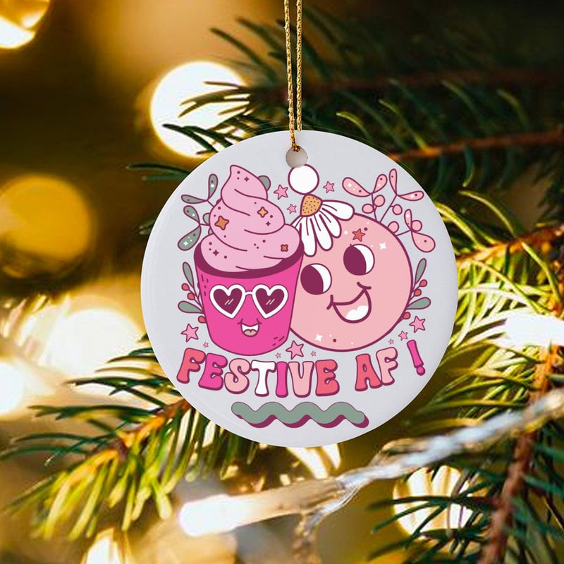 Kawaii Smiley Face Ceramic Ornament, Festive AF Christmas Ornament, Adorable Pink Aesthetic Tree Ornament, Preppy Holiday Keepsake Present