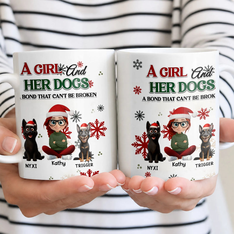 Personalized Pet Lover Holiday Mug, Girl and Her Dogs Christmas Ceramic Mug, Adorable Dog Mom Coffee Cup, Winter Dog Mug, Xmas Pet Owner Present
