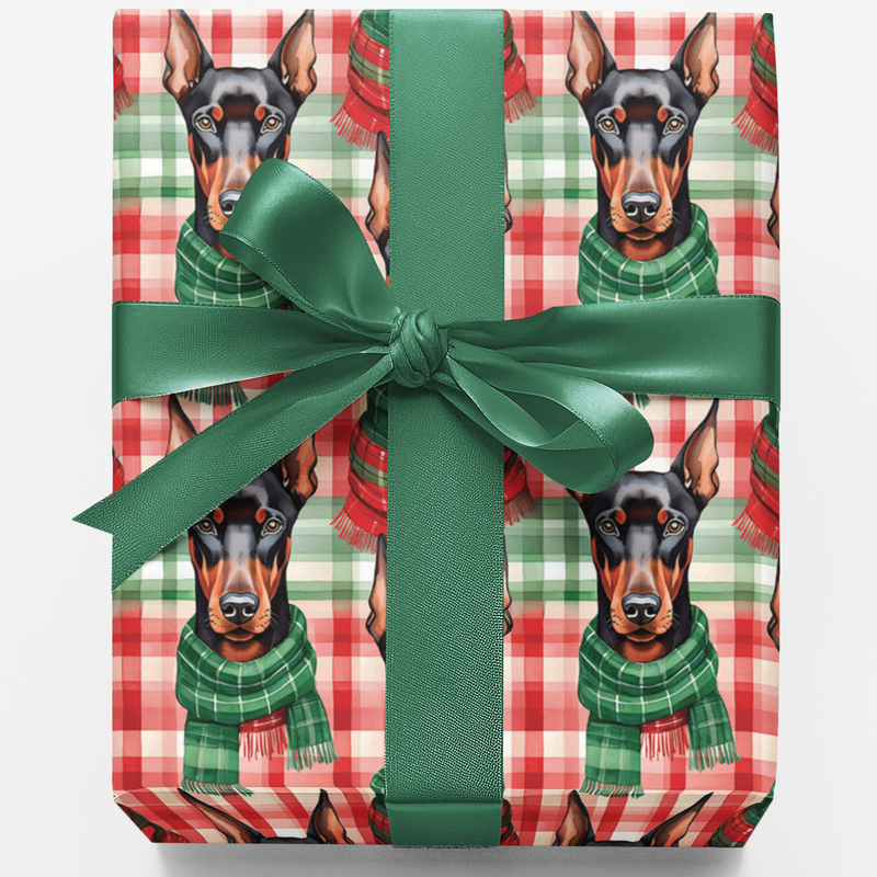 Plaid Dog Holiday Gift Wrap, Doberman Christmas Wrapping Paper, Doberman Pinscher Wrapping Paper, Festive Pet Gift Wrap, Dog Present Paper