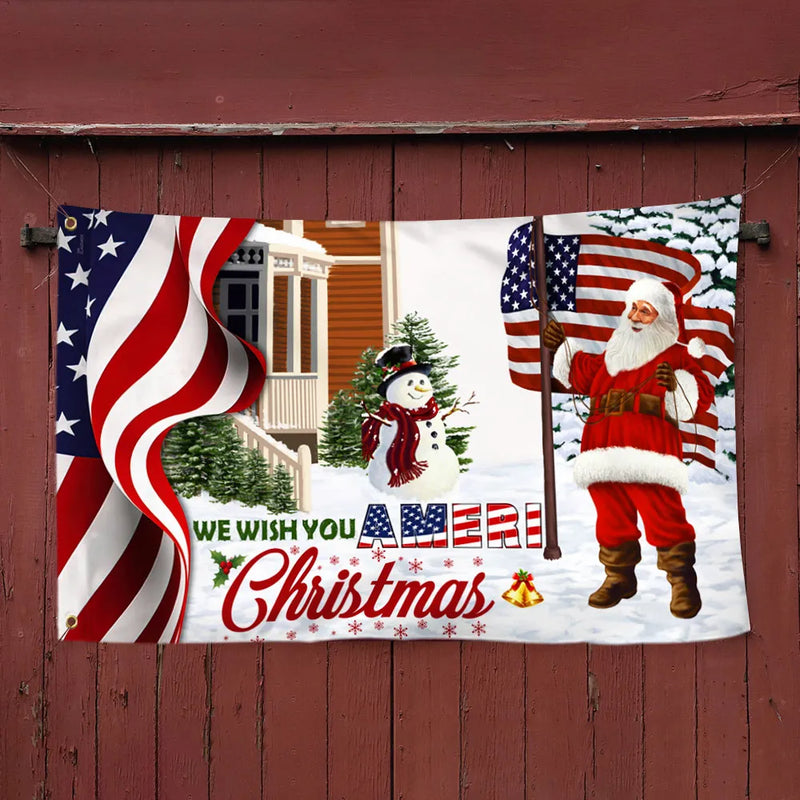 We Wish You Ameri Christmas Banner, Santa Claus American Flag House Flag, Double-Sided Holiday Yard Flag, Patriotic Garden Flag Decor