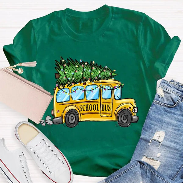 Festive Holiday Bus Driver Tee, School Bus Christmas Tree T-Shirt, Christmas Bus Graphic Shirt, Adorable Winter Xmas Tee, Tea