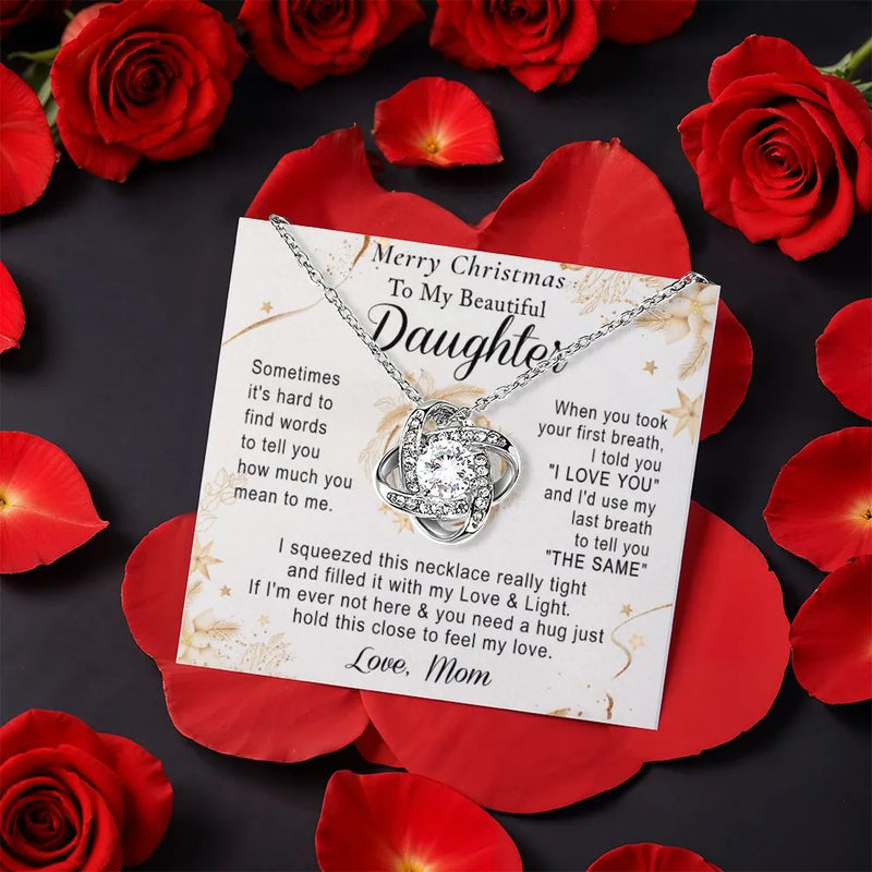 Rotating Rose Box Cubic Zirconia Pendant, Daughter Love Knot Necklace, Merry Christmas Jewelry Present, Meaningful Holiday Present for Her