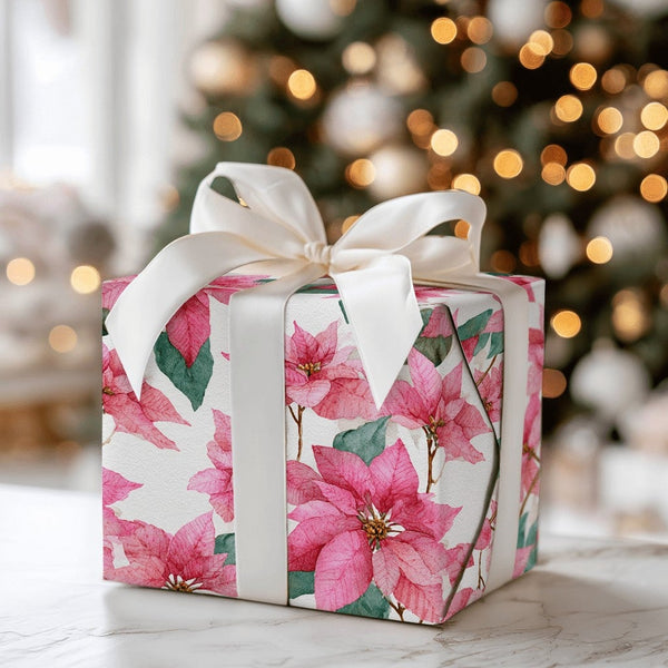 Watercolor Floral Christmas Gift Wrap, Pink Poinsettia Wrapping Paper, Botanical Winter Holiday Paper, Elegant Festive Wrappi