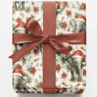Santa Hat Watercolor Gift Wrap, Christmas Elephant Wrapping Paper, Holiday Poinsettia Elephant Paper, Festive Animal Wrapping Paper Roll