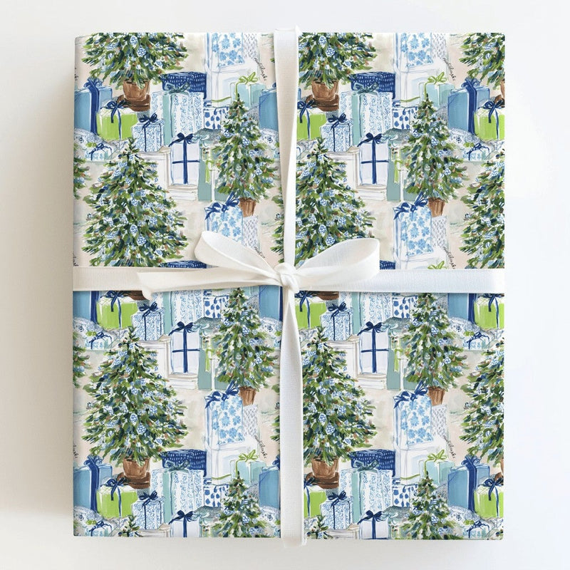 Watercolor Tree Gift Wrap, Chinoiserie Christmas Wrapping Paper, Preppy Blue Holiday Wrapping Paper, Elegant Winter Xmas Wrapping Paper