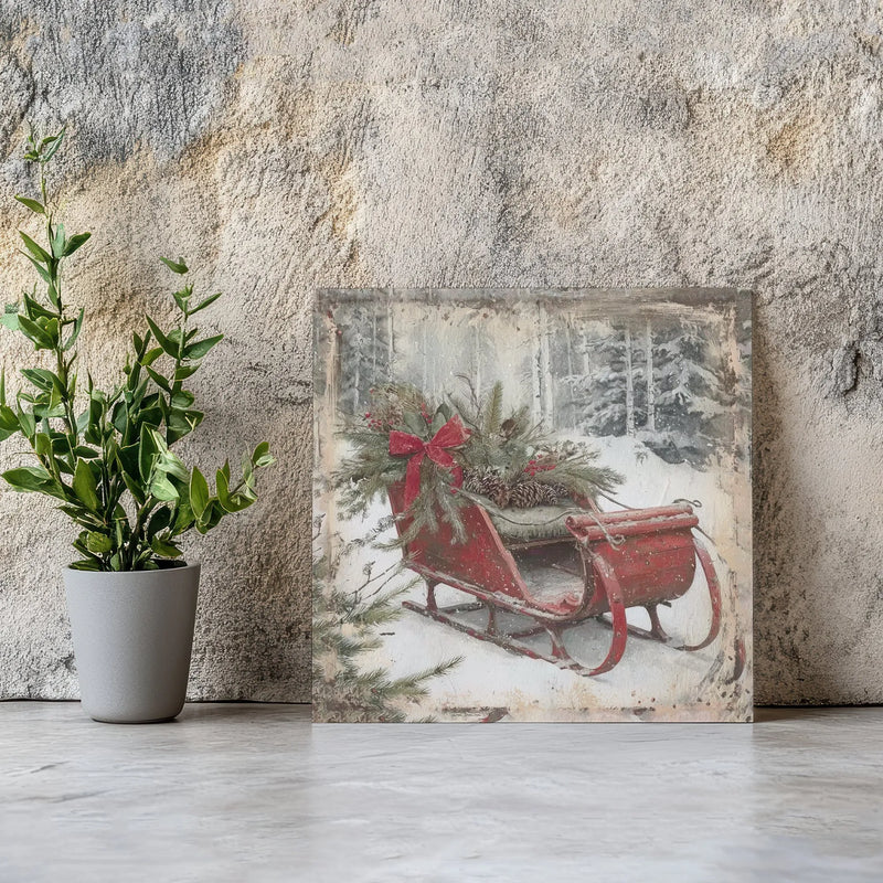 Rustic Winter Forest Painting Print, Vintage Christmas Sleigh Canvas Art, Holiday Farmhouse Canvas Decor, Festive Square Canvas Present