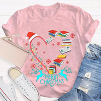 Heart Graphic Tee, Christmas Books Santa Hats Snowflakes T-Shirt, Bookish Holiday Shirt, Adorable Reader Xmas Present