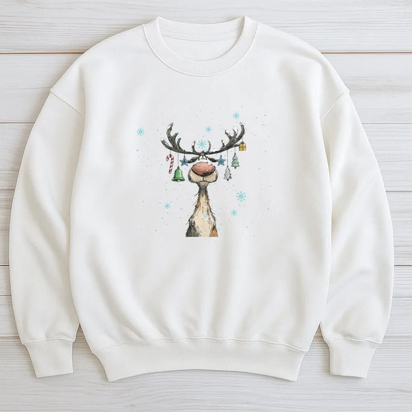 Ornament Antler Reindeer Crewneck, Christmas Reindeer Sweatshirt, Retro Holiday Deer Pullover, Adorable Xmas Present, Holiday