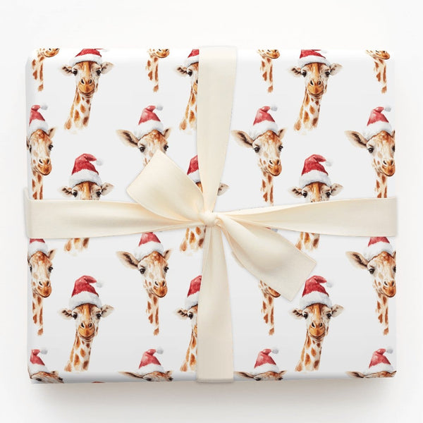 Safari Animal Gift Wrap, Watercolor Giraffe Christmas Wrapping Paper, Santa Hat Giraffe Wrapping Paper, Adorable Holiday Zoo 