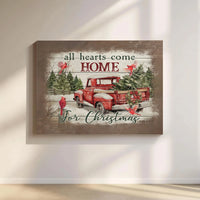 Vintage Red Truck Canvas Print, All Hearts Come Home for Christmas Canvas Wall Art, Holiday Cardinal Wall Decor, Farmhouse Xmas Canvas