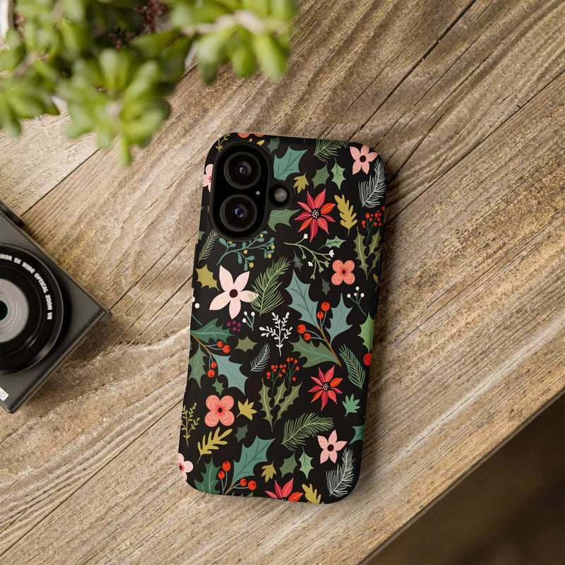 Christmas Botanical Black Phone Case, Vintage Poinsettia Holly iPhone Case, Festive Winter Floral iPhone Case Cover, Holiday Present
