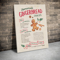 Watercolor Gingerbread Man Canvas Print, Gingerbread Cookie Recipe Canvas Wall Art, Holiday Baking Wall Decor, Christmas Kitchen Canvas
