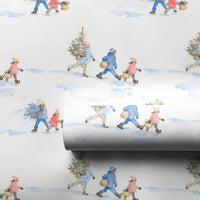 Watercolor Winter Scene Gift Wrap, Carrying Christmas Tree Wrapping Paper, Nostalgic Holiday Wrapping Paper, Festive Gift Wrap Roll