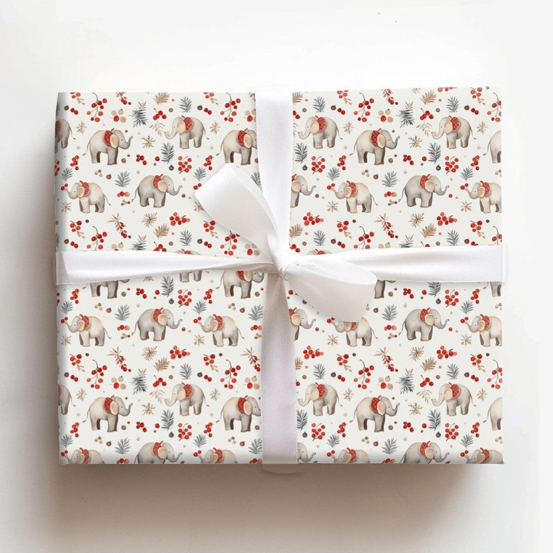 Watercolor Saddle Holiday Gift Wrap, Christmas Elephant Wrapping Paper, Winter Botanical Elephant Wrapping Paper, Festive Holly Gift Wrap