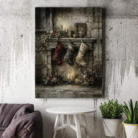Rustic Holiday Stockings Art Print, Vintage Christmas Fireplace Canvas Wall Art, Comfy Winter Fireplace Poster, Digital Download Wall Decor