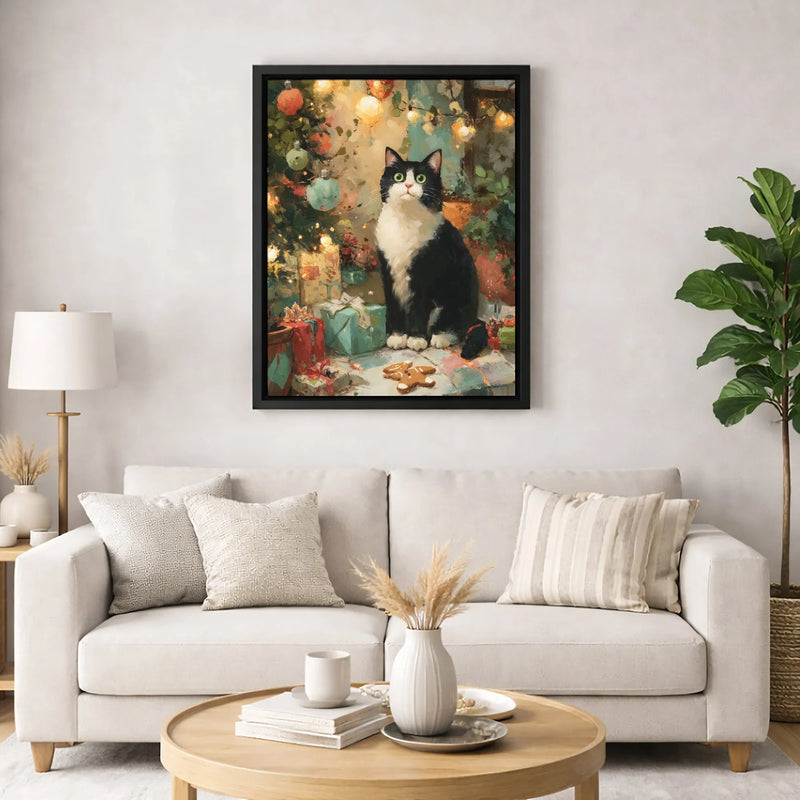 Holiday Tree Oil Painting Canvas Art, Tuxedo Cat Christmas Canvas Print, Festive Winter Cat Canvas Wall Art, Comfy Xmas Pet Lover Decor