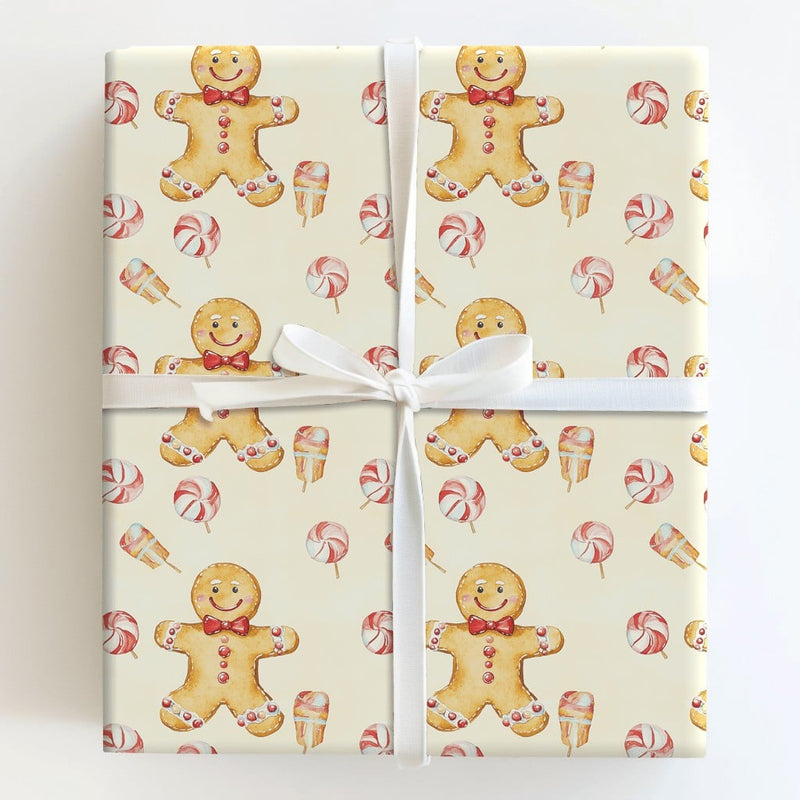 Watercolor Candy Christmas Wrapping Paper, Gingerbread Man Wrapping Paper, Peppermint Sweet Holiday Gift Wrap, Festive Xmas Paper Roll