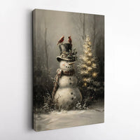 Rustic Winter Christmas Tree Canvas Print, Snowman with Cardinals Canvas Wall Art, Festive Holiday Wall Decor, Winter Scene Canvas Art
