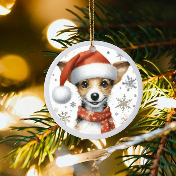 Santa Hat Puppy Ceramic Ornament, Adorable Puppy Christmas Ornament, Holiday Snowflakes Puppy Dog Tree Ornament, Dog Lover Ch