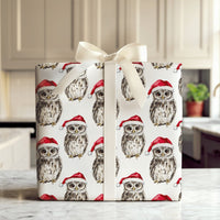Santa Hat Birds Watercolor Gift Wrap, Christmas Owl Wrapping Paper, Adorable Festive Animal Wrapping Paper, Winter Holiday Xmas Present Supplies