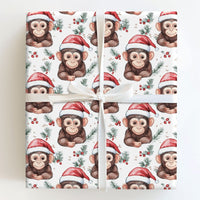 Adorable Animal Christmas Gift Wrap, Santa Hat Monkey Wrapping Paper, Watercolor Chimpanzee Wrapping Paper Roll, Kids Holiday Gift Wrap