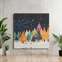 Folk Art Winter Forest Canvas Art, Whimsical Christmas Trees Canvas Print, Colorful Night Sky Wall Canvas, Holiday Season Decor Canvas Present