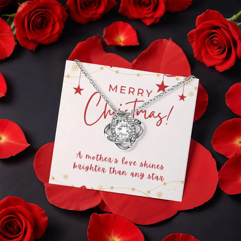 Sparkling CZ Crystal Necklace, Christmas Love Knot Necklace, Gold Finish Knot Necklace, Holiday Jewelry Present for Mom, Meaningful Pendant