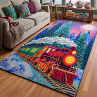 Colorful Holiday Locomotive Floor Carpet, Christmas Steam Train Area Rug, Non-Slip Xmas Mat, Train Lover Living Room Floor Decor Present