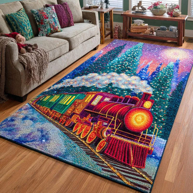 Colorful Holiday Locomotive Floor Carpet, Christmas Steam Train Area Rug, Non-Slip Xmas Mat, Train Lover Living Room Floor Decor Present