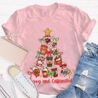 Coffee Christmas Tree Holiday Graphic Tee, Merry and Caffeinated Christmas T-Shirt, Festive Coffee Lover Xmas Shirt