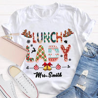 Custom Cafeteria Staff Holiday Shirt, Personalized Lunch Lady Christmas T-Shirt, Snowflake Bells Xmas Graphic Tee, School Worker Present