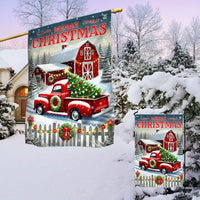 Vintage Winter Barn Yard Banner, Merry Christmas Red Truck Garden Flag, Double Sided Holiday Flag, Rustic Farmhouse Lawn Decor
