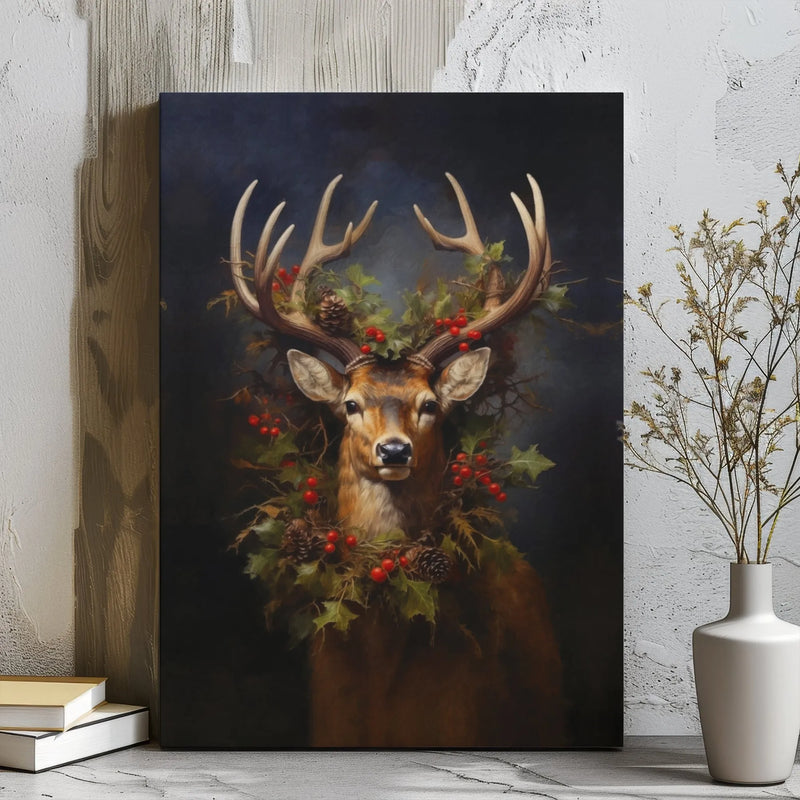 Christmas Deer Canvas Print, Majestic Stag Holly Wreath Canvas Art, Rustic Woodland Canvas Wall Decor, Holiday Cabin Decor, Lodge Present