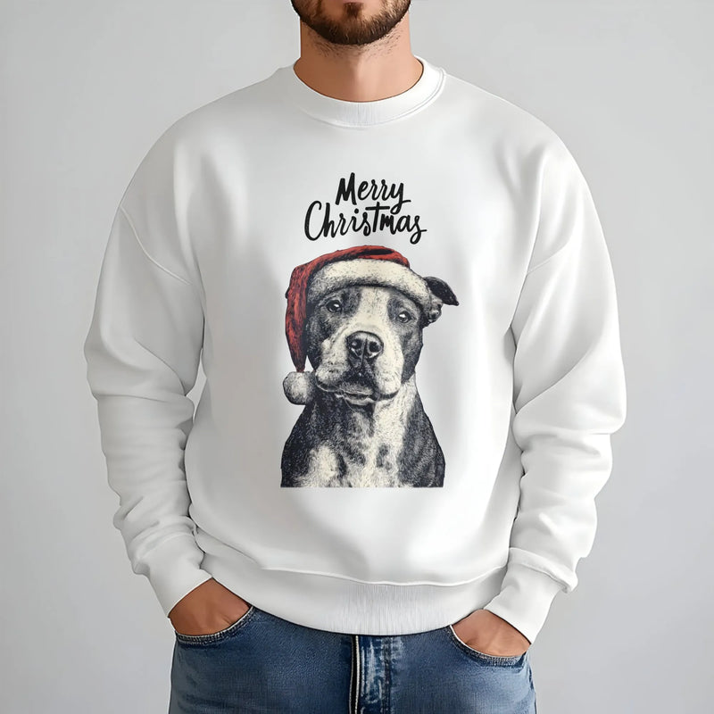 Santa Hat Dog Holiday Sweatshirt, Pitbull Christmas Sweatshirt, Adorable Pit Bull Dog Mom Crewneck, Festive Puppy Lover Pullover Sweatshirt