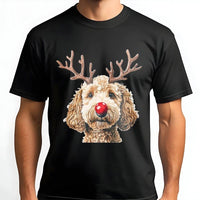 Reindeer Antlers Dog Shirt, Goldendoodle Christmas T-Shirt, Humorous Red Nose Graphic Tee, Adorable Puppy Holiday T-Shirt, Pet Lover Xmas Present